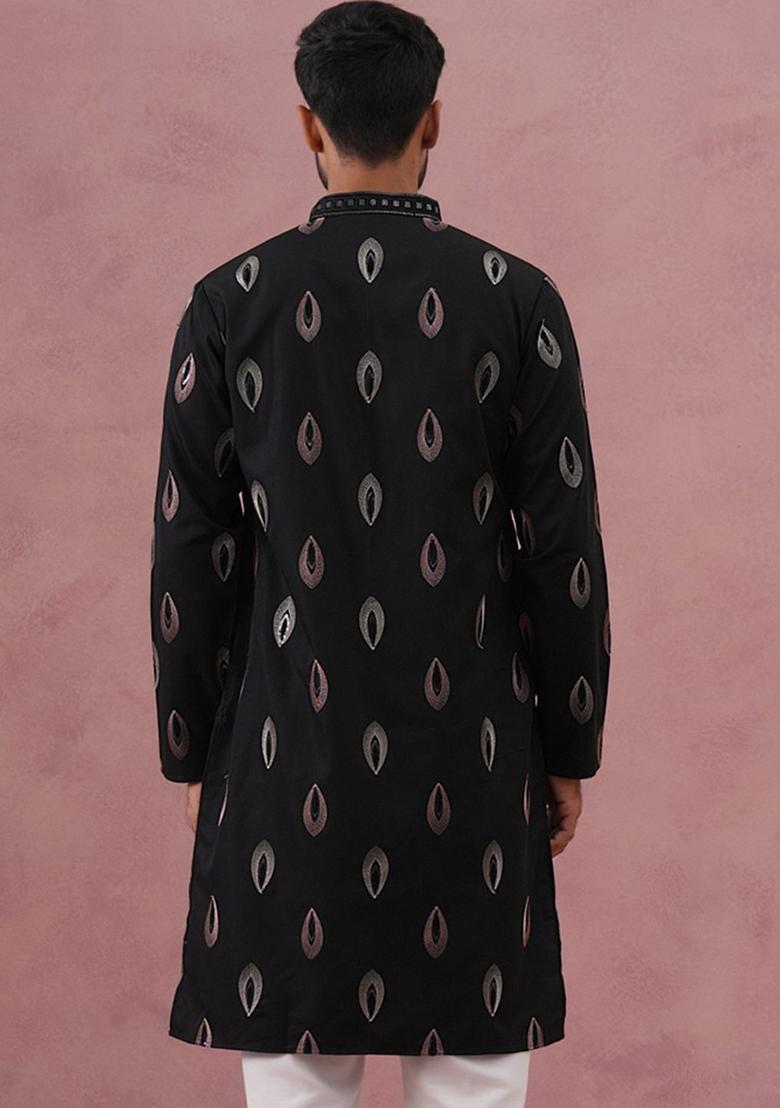 Black Embellished Silk Kurta For Men - Indya