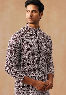 Purple Embroidered Silk Kurta For Men