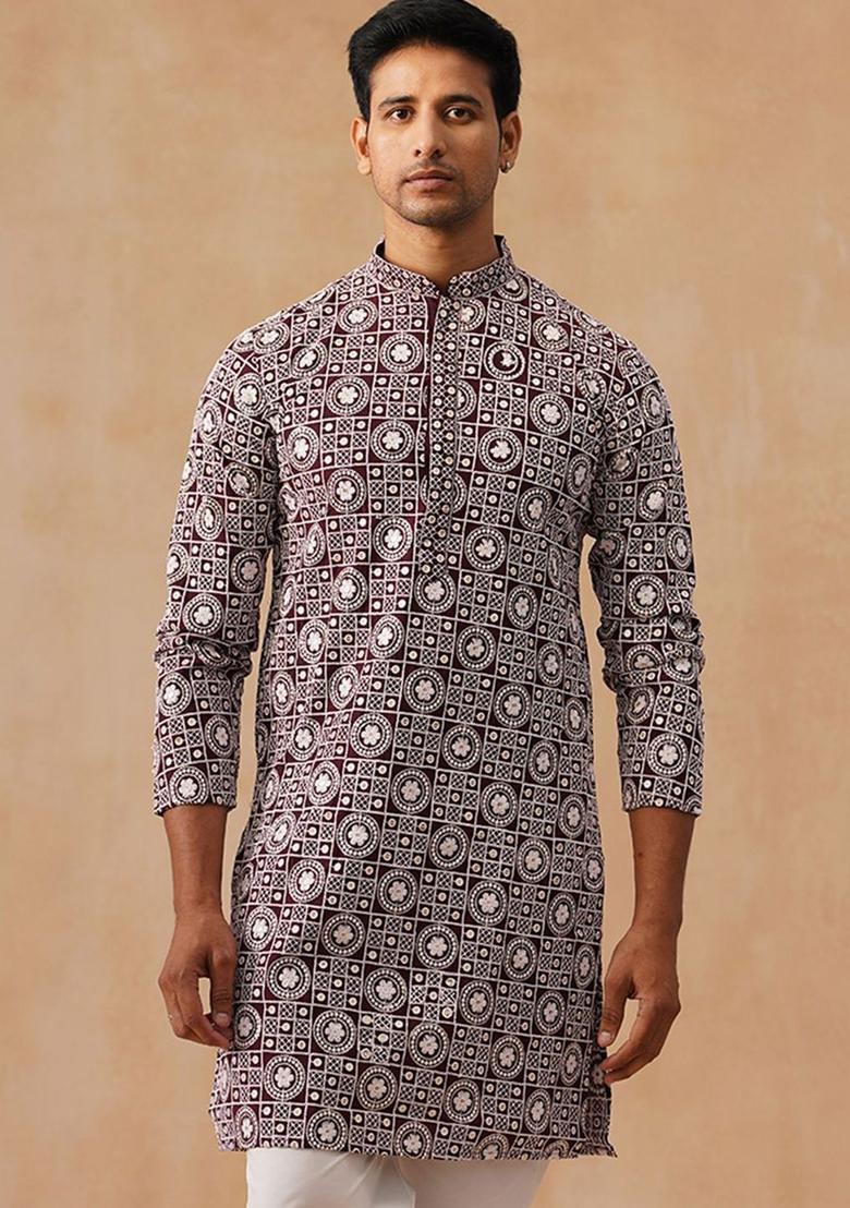 Purple Embroidered Silk Kurta For Men - Indya