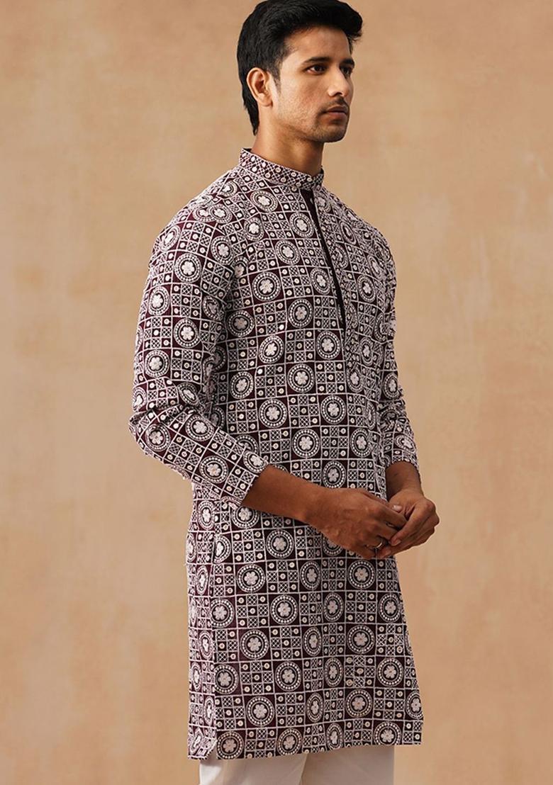 Purple Embroidered Silk Kurta For Men - Indya