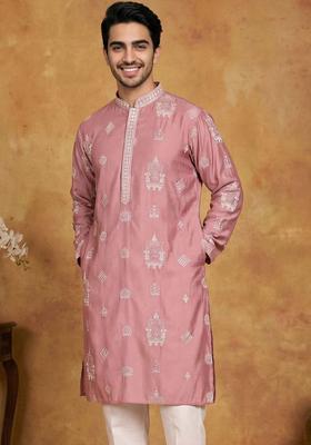 Purple Embroidered Silk Kurta For Men