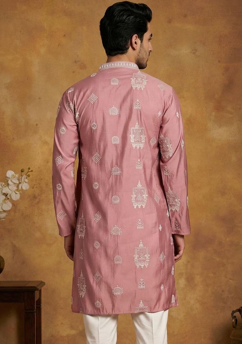 Purple Embroidered Silk Kurta For Men - Indya