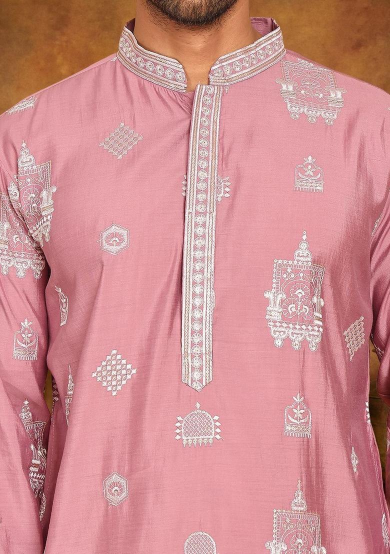 Purple Embroidered Silk Kurta For Men - Indya