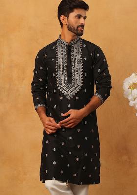 Black Printed Silk Kurta For Men