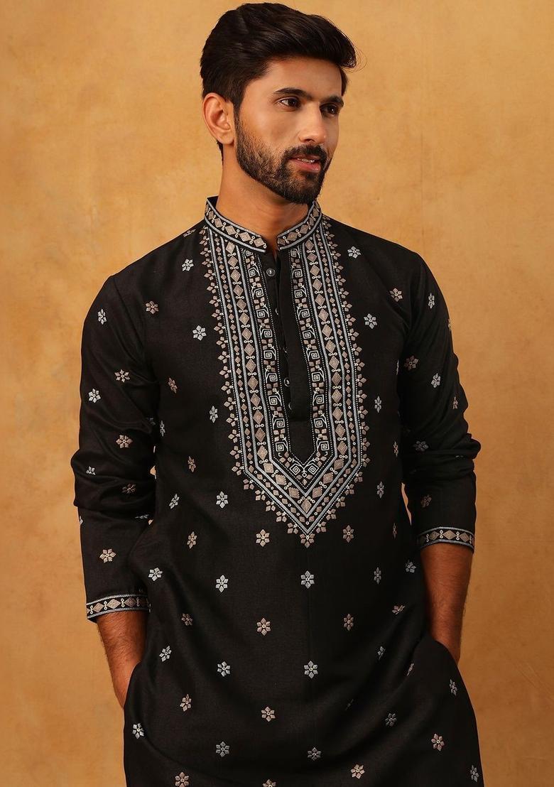 Black Printed Silk Kurta For Men - Indya