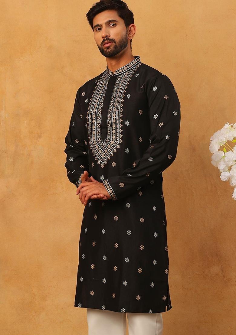 Black Printed Silk Kurta For Men - Indya