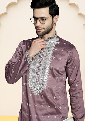 Purple Embroidered Silk Kurta For Men