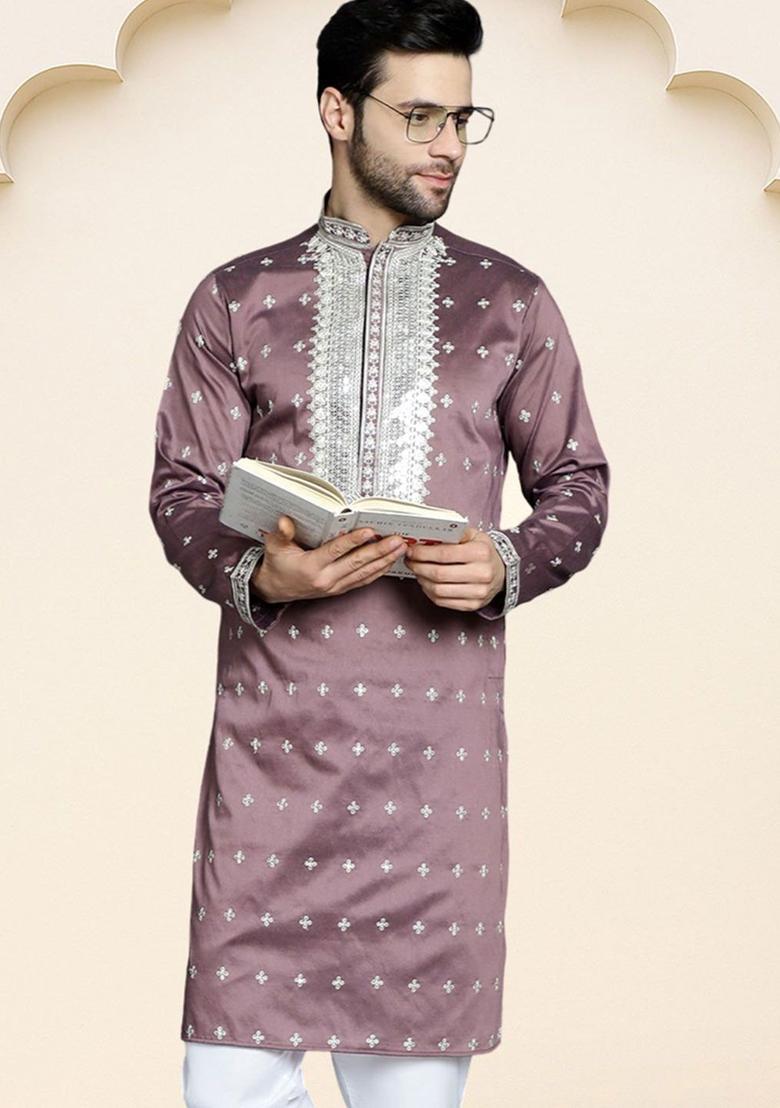 Purple Embroidered Silk Kurta For Men - Indya
