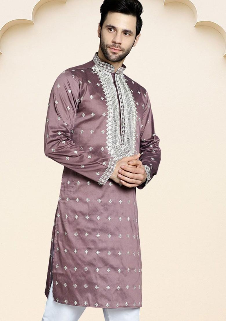 Purple Embroidered Silk Kurta For Men - Indya