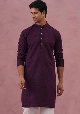 Purple Embroidered Cotton Kurta For Men