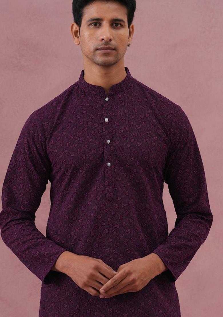 Purple Embroidered Cotton Kurta For Men - Indya