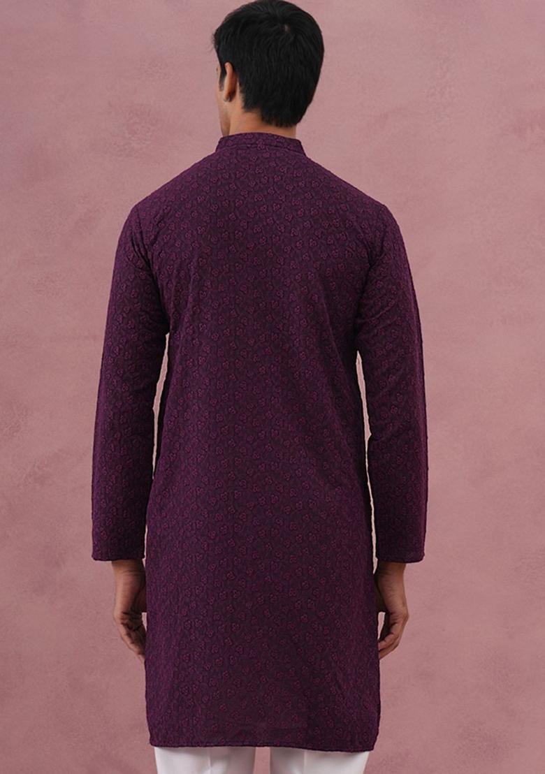 Purple Embroidered Cotton Kurta For Men - Indya