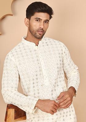 Beige Embroidered Cotton Kurta For Men