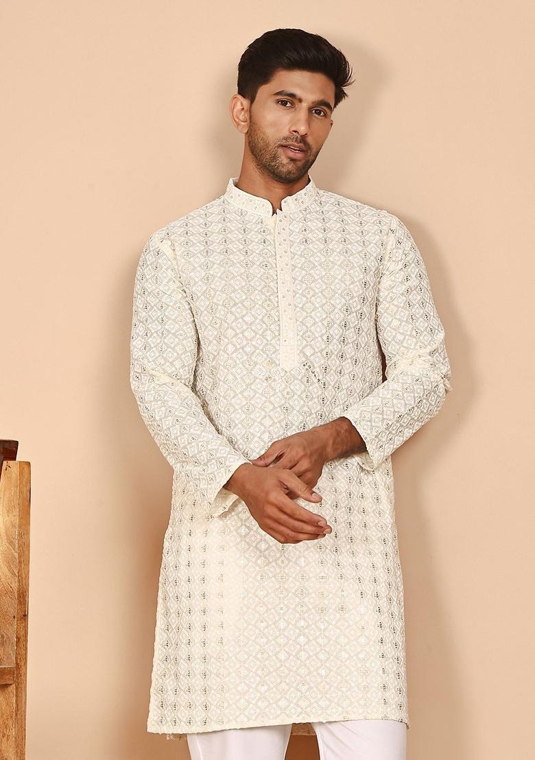 Beige Embroidered Cotton Kurta For Men - Indya