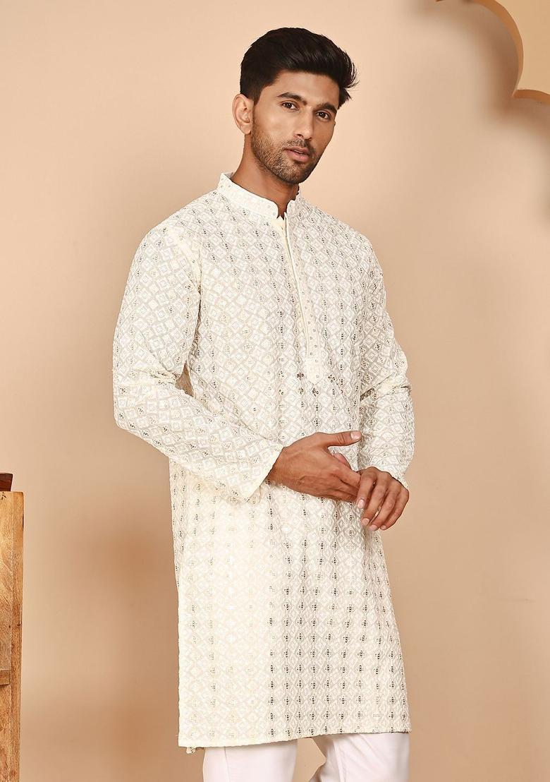 Beige Embroidered Cotton Kurta For Men - Indya