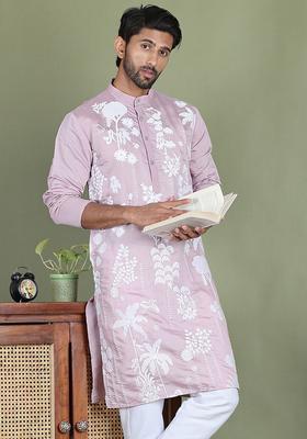 Purple Embroidered Silk Kurta For Men