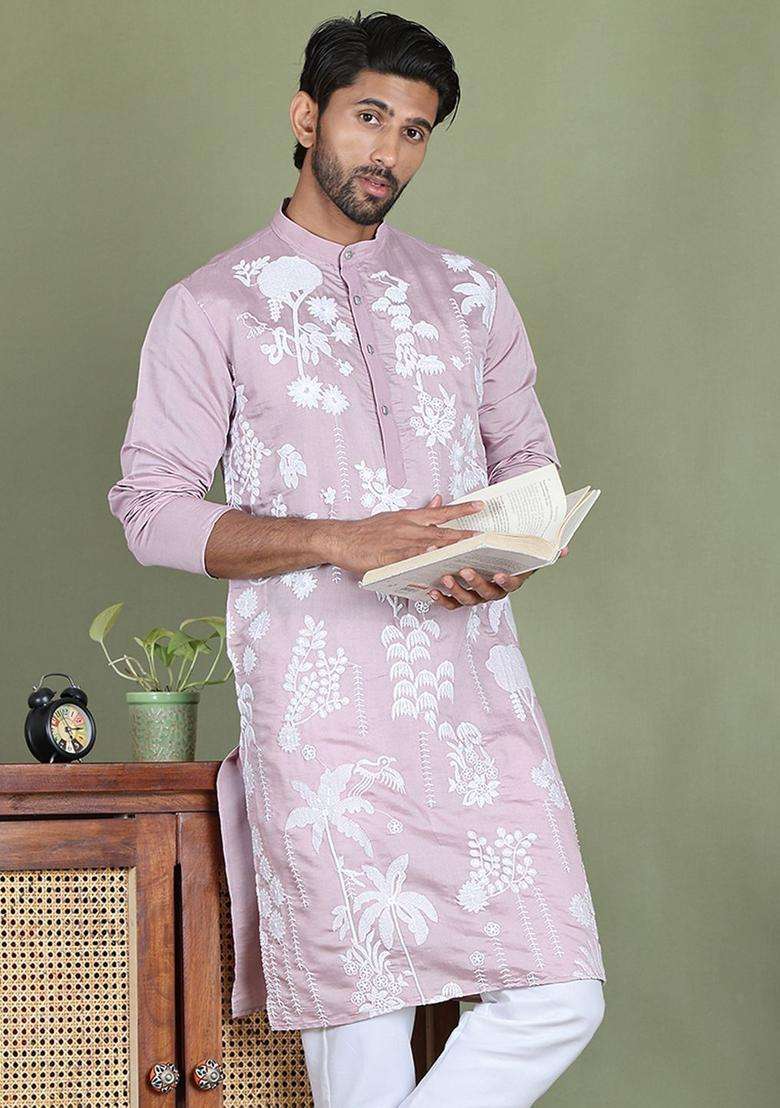Purple Embroidered Silk Blend Kurta For Men - Indya