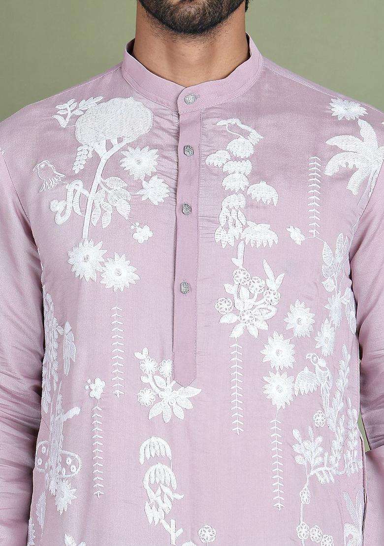 Purple Embroidered Silk Blend Kurta For Men - Indya