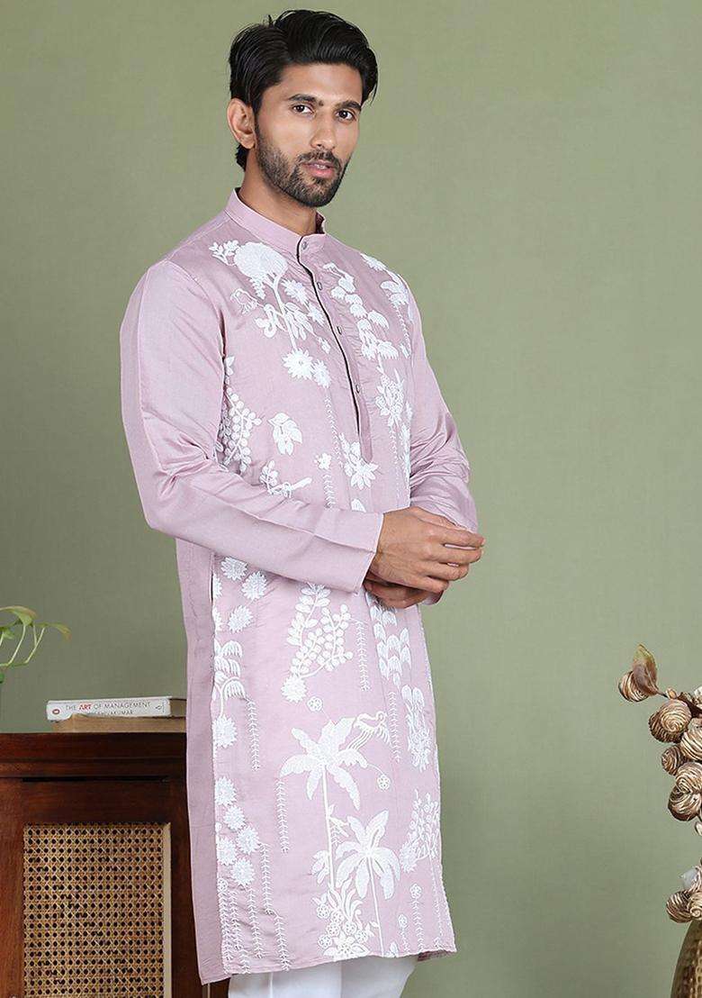 Purple Embroidered Silk Blend Kurta For Men - Indya