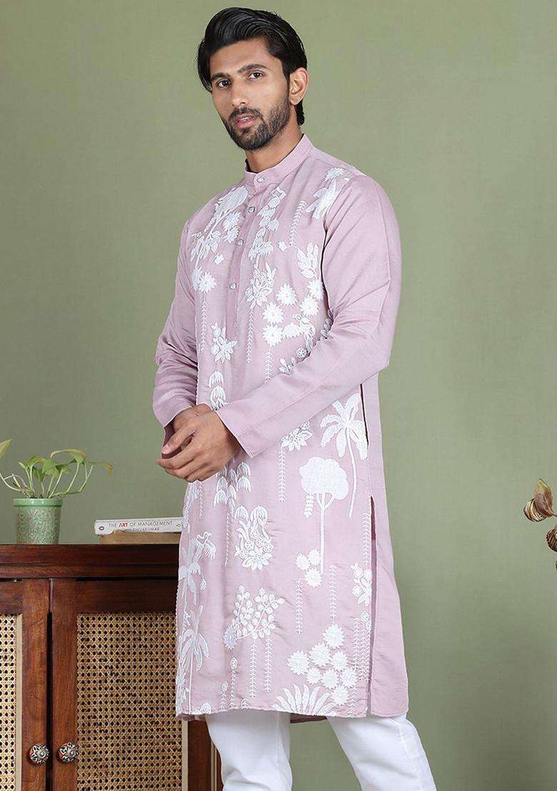 Purple Embroidered Silk Blend Kurta For Men - Indya