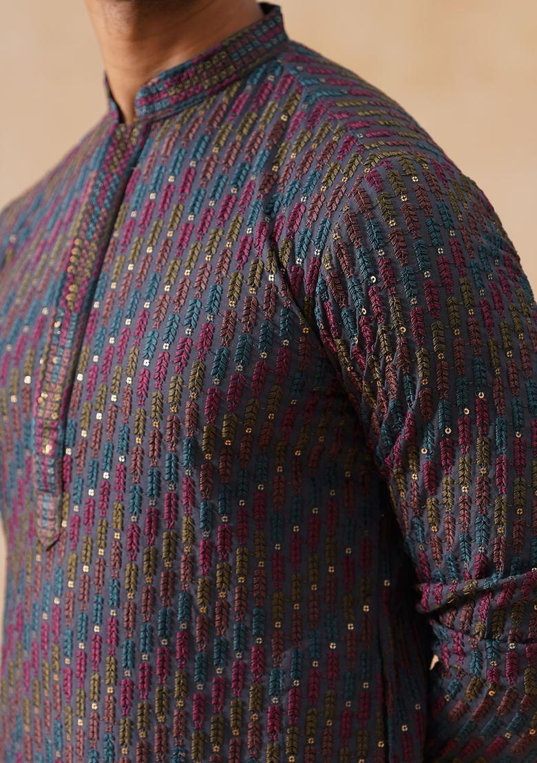 Blue Woven Design Viscose Kurta For Men - Indya