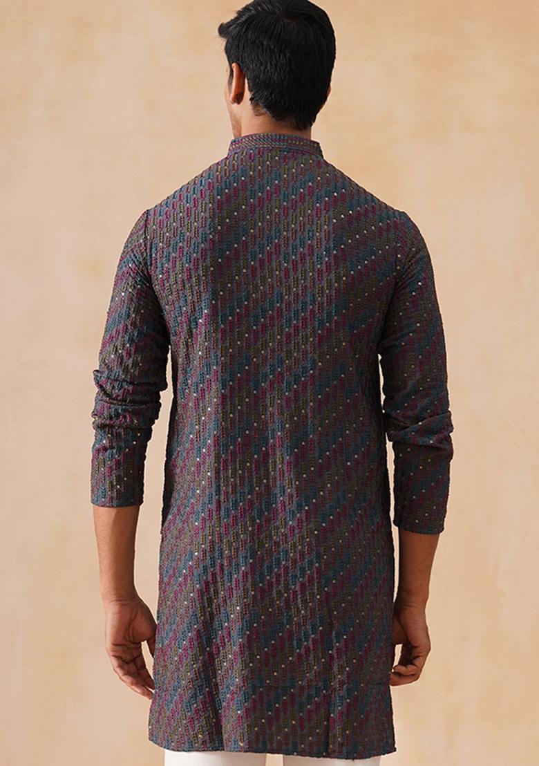 Blue Woven Design Viscose Kurta For Men - Indya