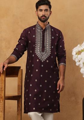 Purple Printed Silk Kurta For Men
