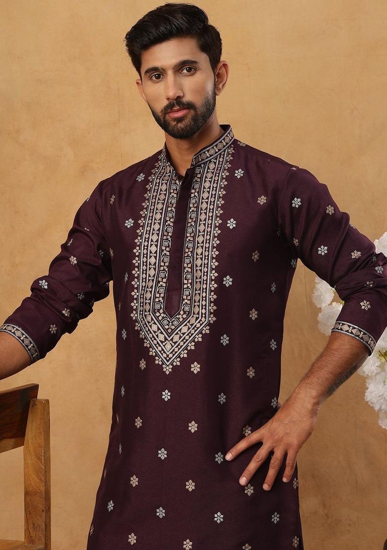 Purple Printed Silk Kurta For Men - Indya