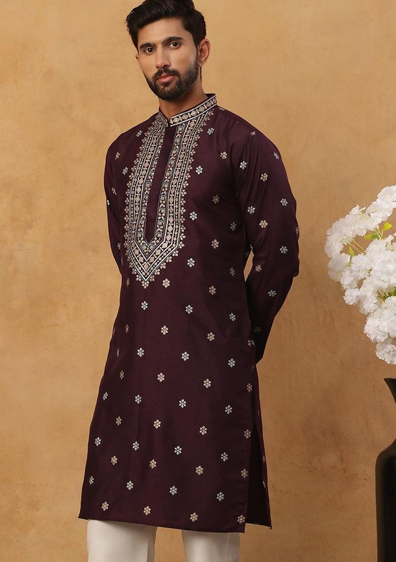 Purple Printed Silk Kurta For Men - Indya
