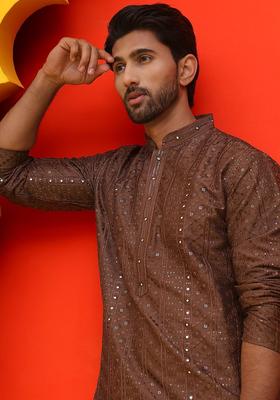 Brown Embroidered Silk Kurta For Men