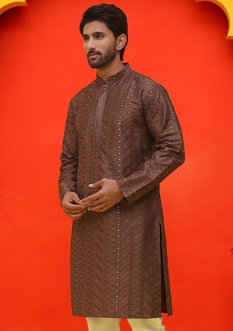 Brown Embroidered Silk Kurta For Men - Indya