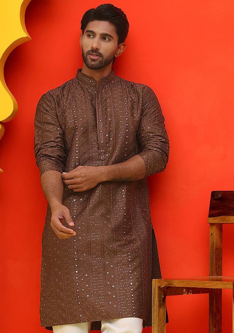 Brown Embroidered Silk Kurta For Men - Indya