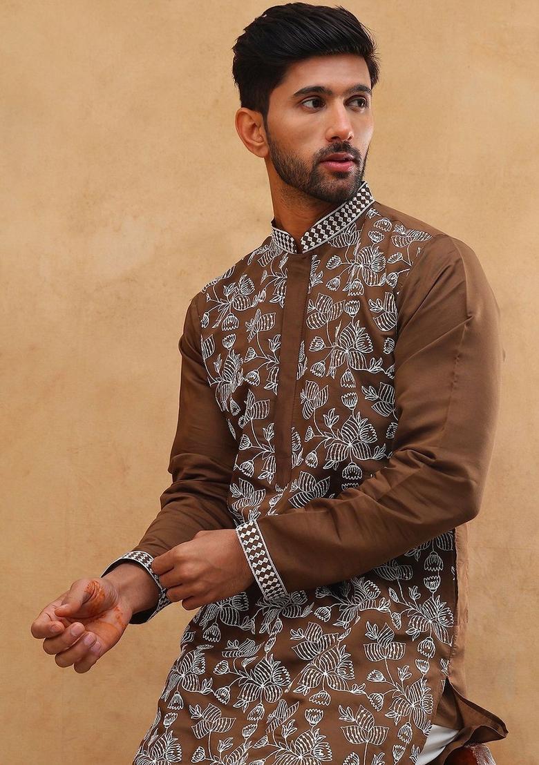 Brown Embroidered Silk Kurta For Men - Indya
