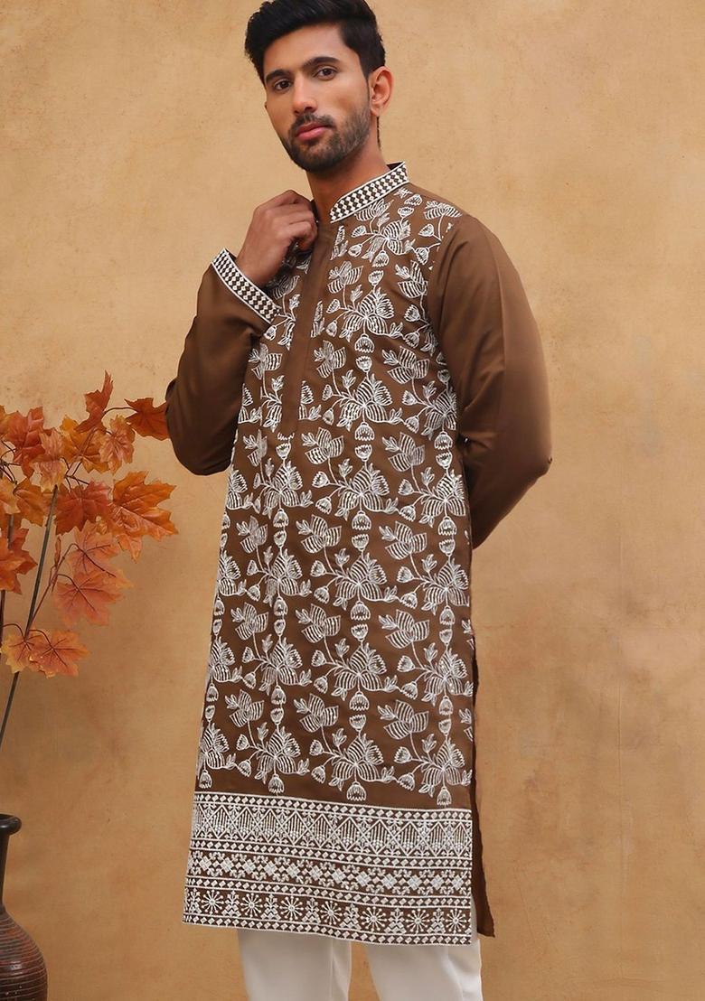 Brown Embroidered Silk Kurta For Men - Indya