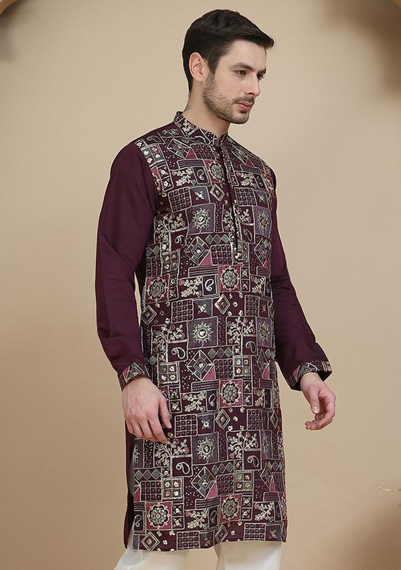 Purple Embroidered Silk Kurta For Men - Indya