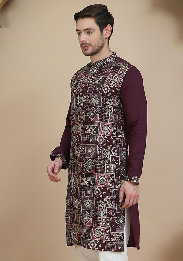 Purple Embroidered Silk Kurta For Men - Indya