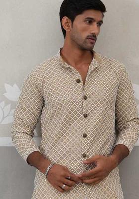 Beige Embroidered Cotton Kurta For Men