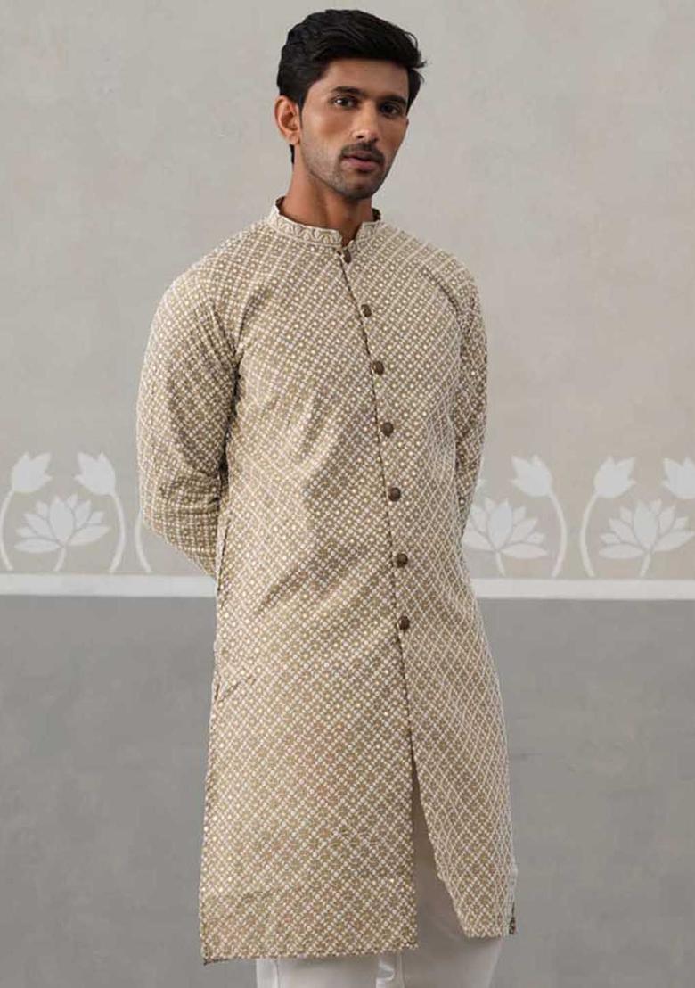 Beige Embroidered Cotton Kurta For Men - Indya