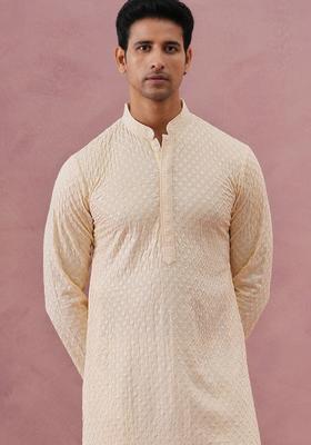 Beige Embroidered Viscose Kurta For Men