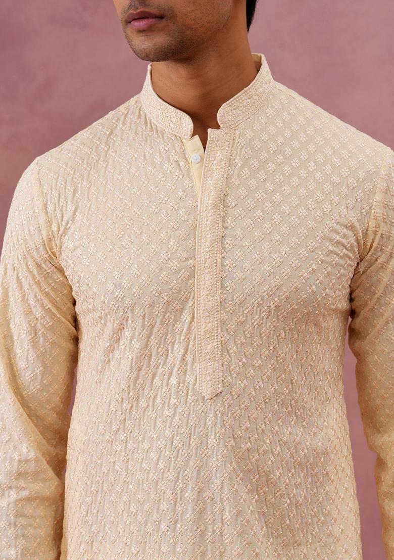 Beige Embroidered Viscose Kurta For Men - Indya