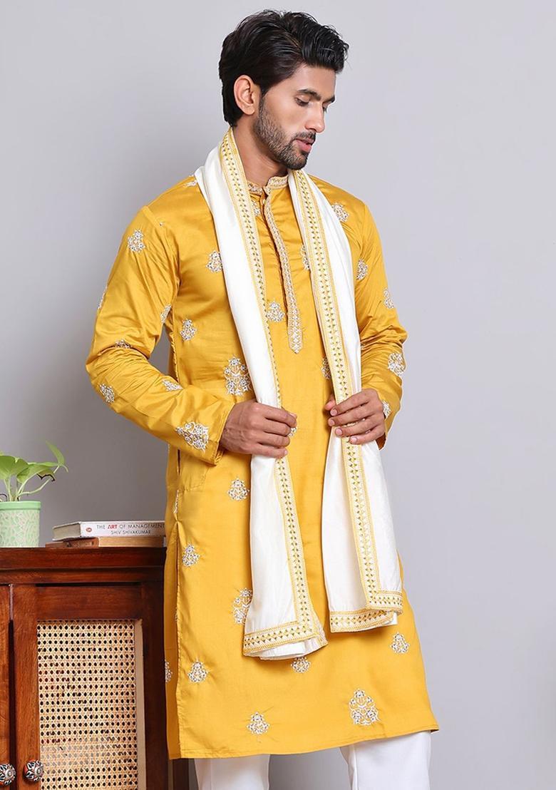 Yellow Embroidered Silk Kurta With Dupatta For Men - Indya