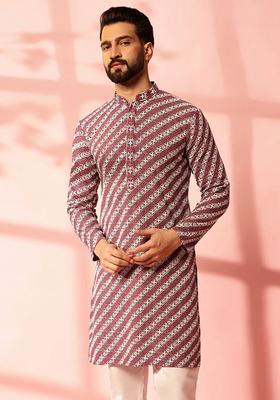 Purple Embroidered Cotton Kurta For Men