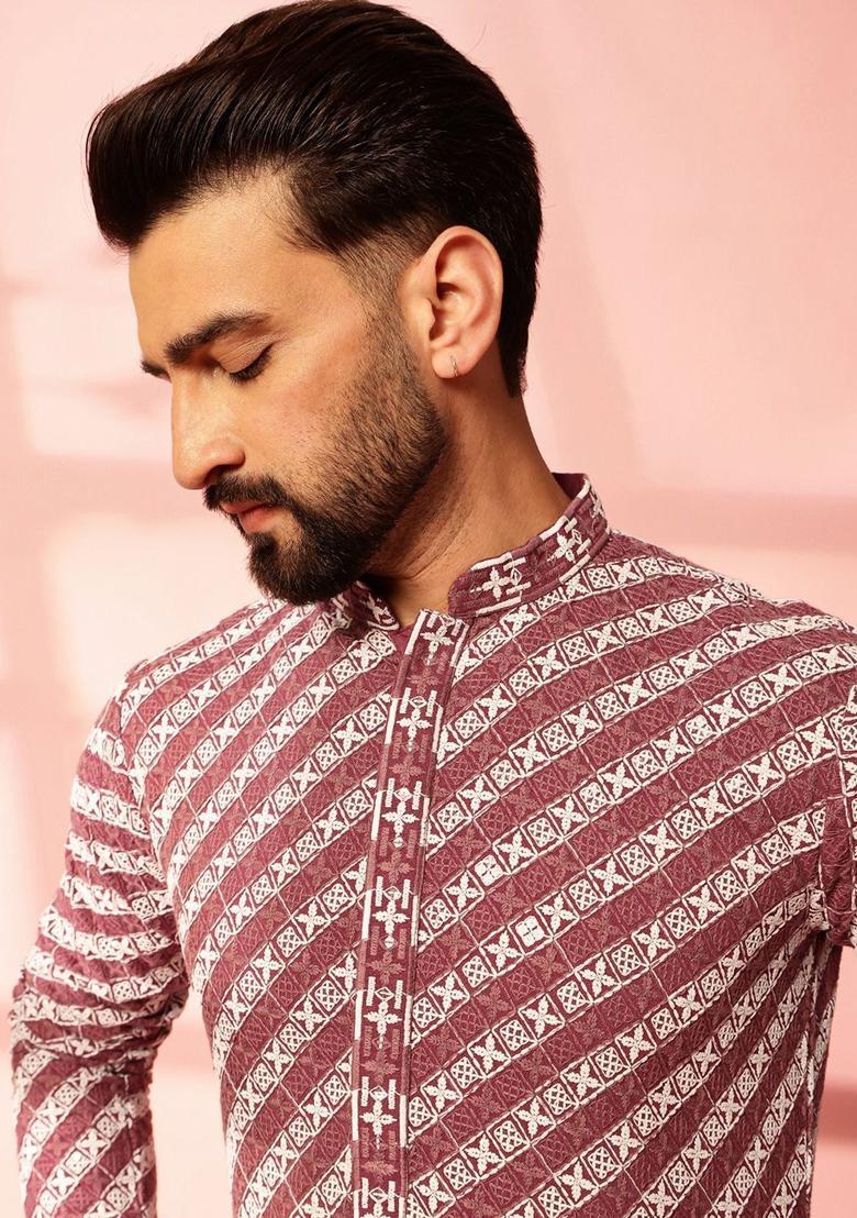 Purple Embroidered Cotton Kurta For Men - Indya