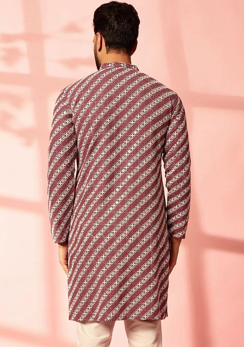 Purple Embroidered Cotton Kurta For Men - Indya