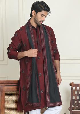 Maroon Embroidered Silk Kurta With Dupatta For Men