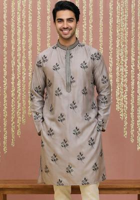 Grey Embroidered Silk Kurta For Men