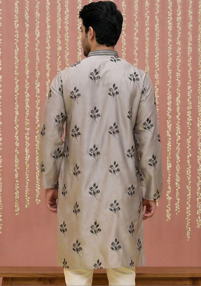 Grey Embroidered Silk Kurta For Men - Indya