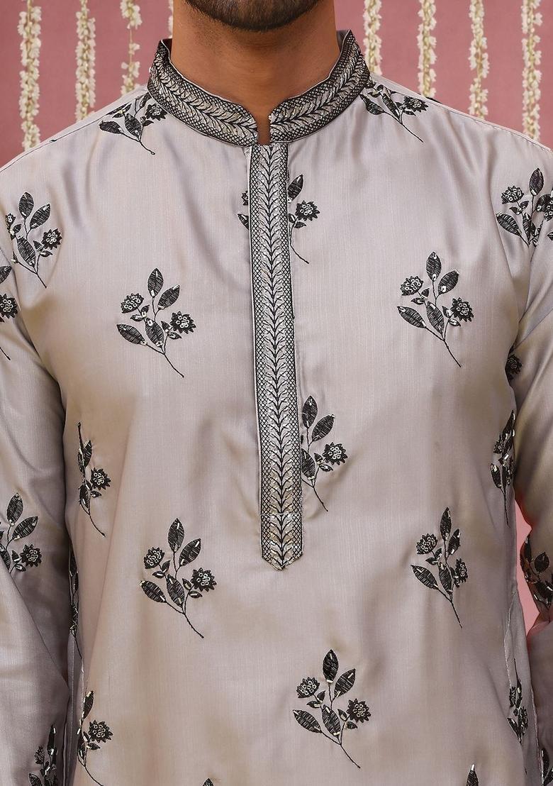 Grey Embroidered Silk Kurta For Men - Indya