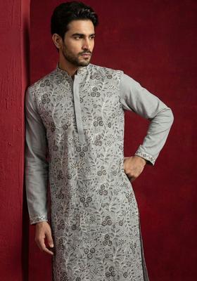 Grey Embroidered Silk Kurta For Men