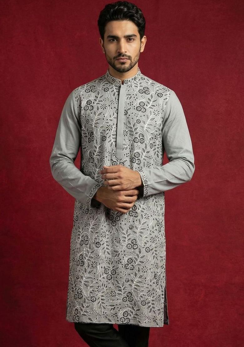 Grey Embroidered Silk Kurta For Men - Indya